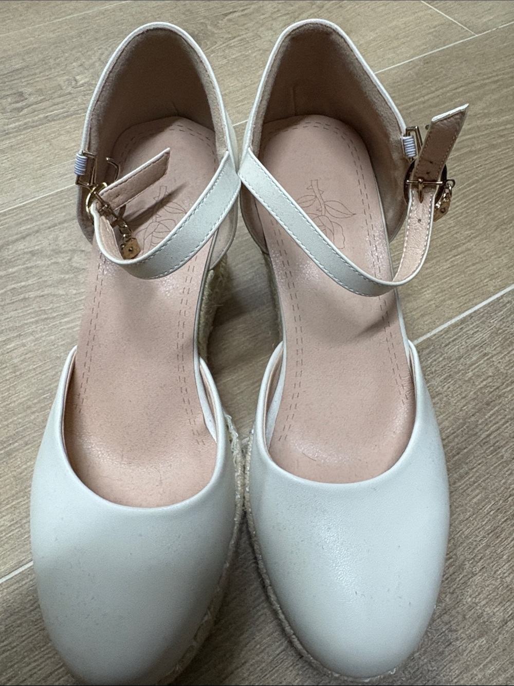 Amazon White Ankle-Strap Espadrille Wedges with Gold Buckles
